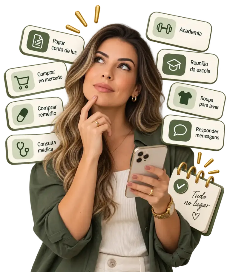 Mulher tranquila organizando a vida com o App Central da Casa