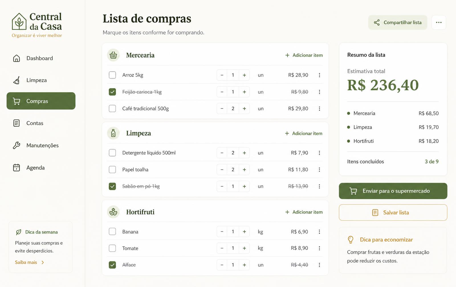 Tela de compras da Central da Casa com lista pronta por categoria