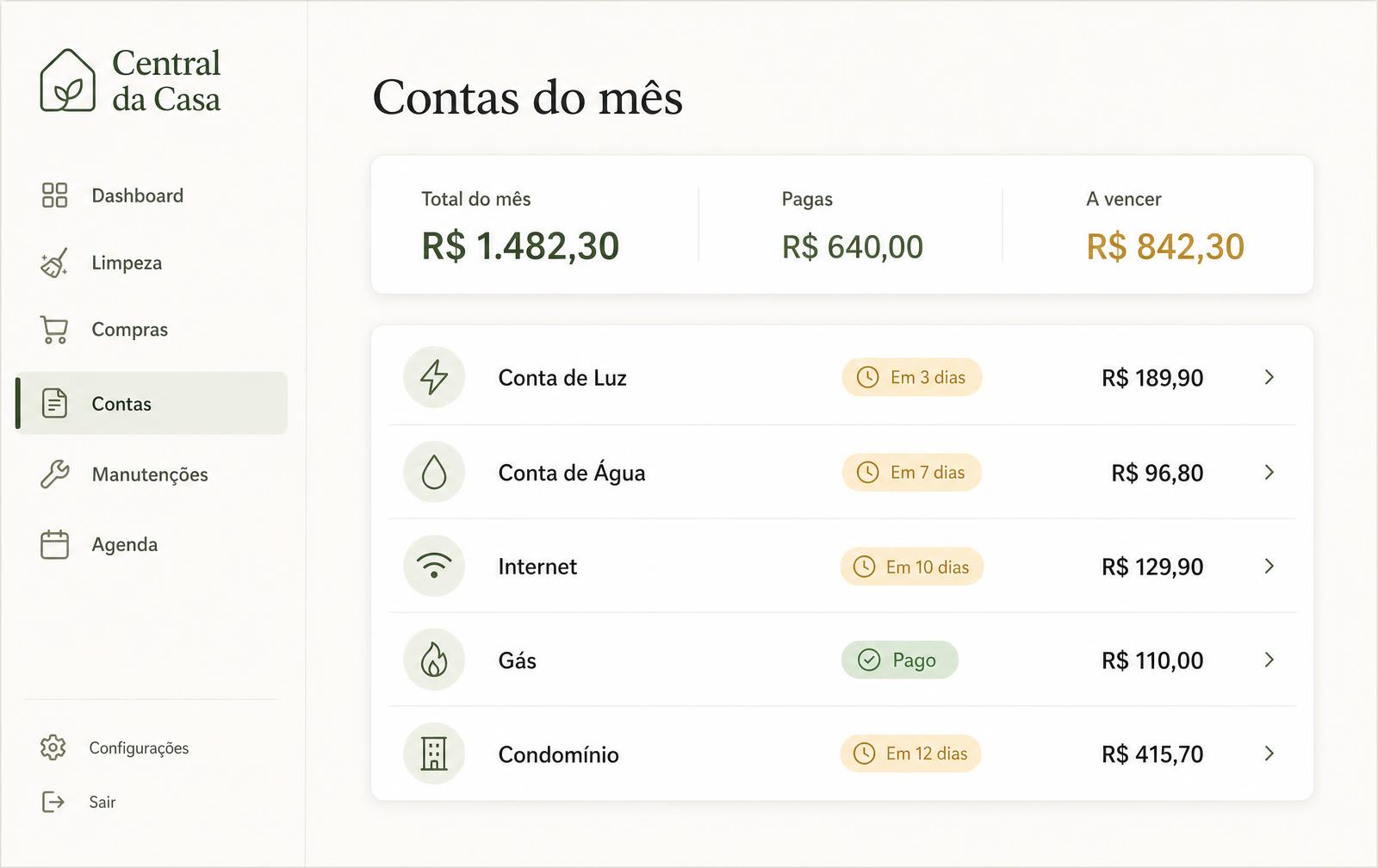 Tela de contas da Central da Casa com vencimentos do mês