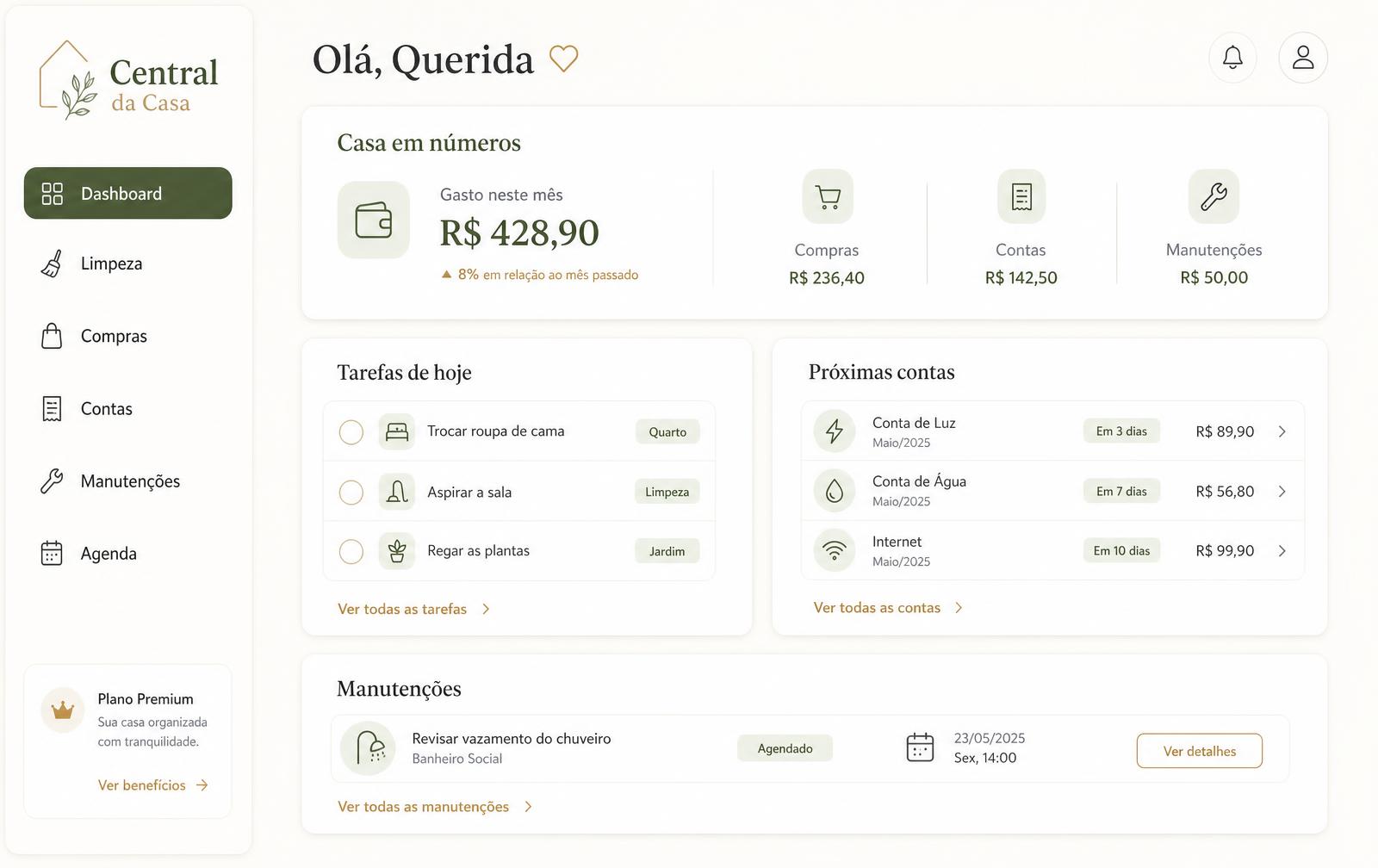 Dashboard da Central da Casa com contas, tarefas e manutenções do dia