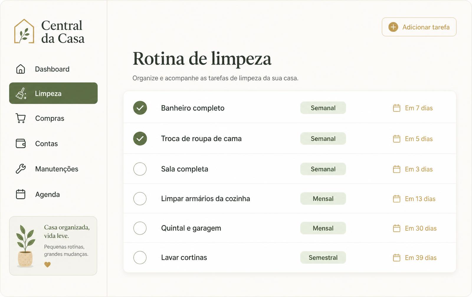 Tela de limpeza da Central da Casa com rotina recorrente